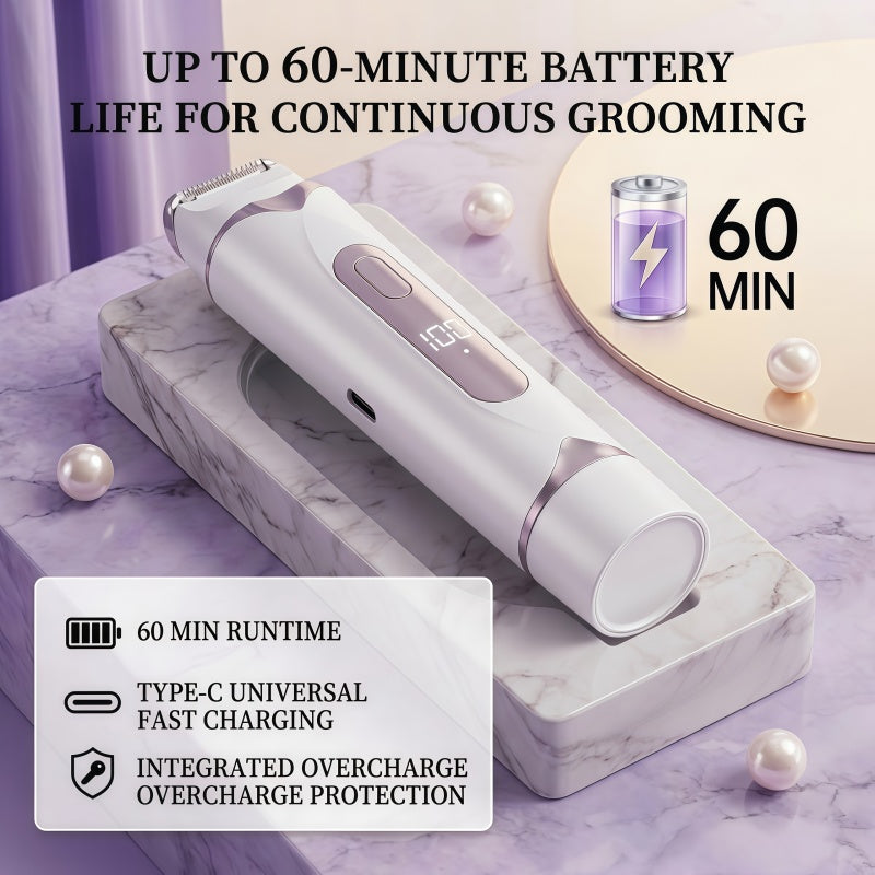2-in-1 Electric Shaver for Women - IPX7 Waterproof Rechargeable Hair Trimmer with LED Display & Type-C Fast Charging