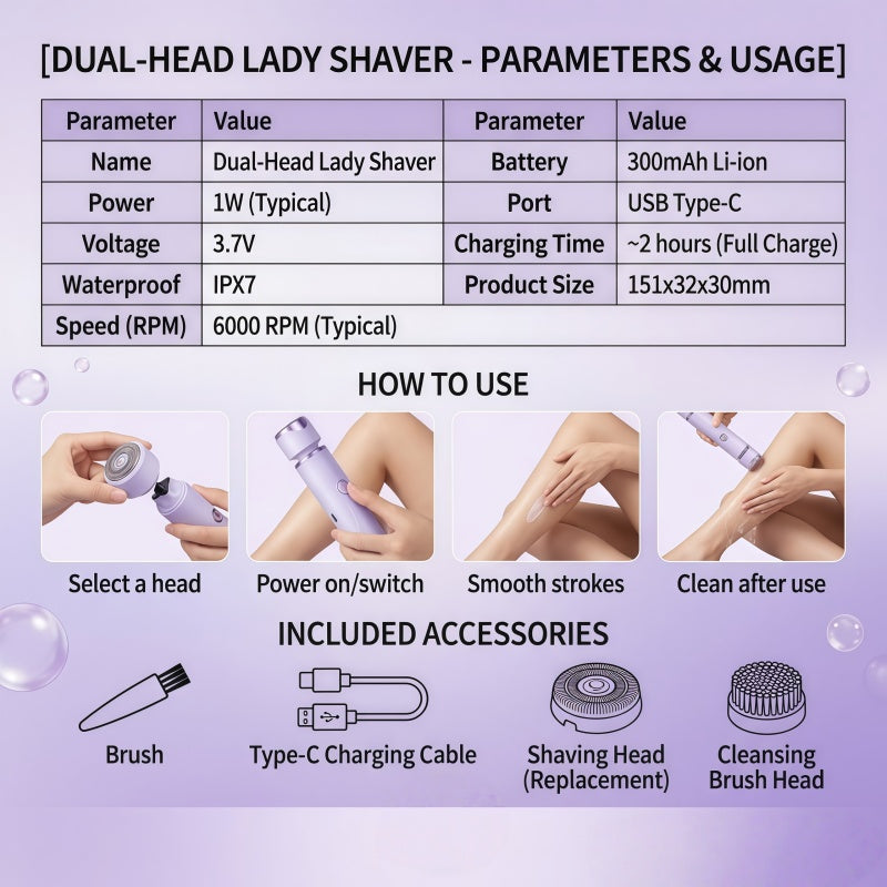 2-in-1 Cordless Women's Electric Shaver & Trimmer Set, IPX7 Waterproof, USB-C Rechargeable, Purple