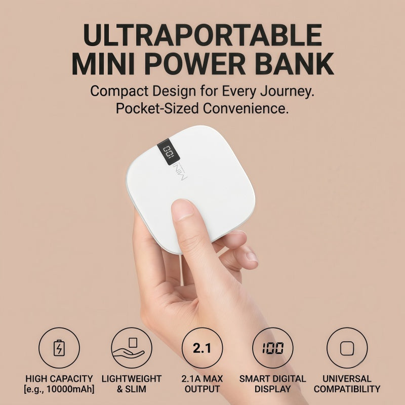 10000mAh Mini Portable Power Bank – Ultra-Compact External Battery Charger with Digital LED Display