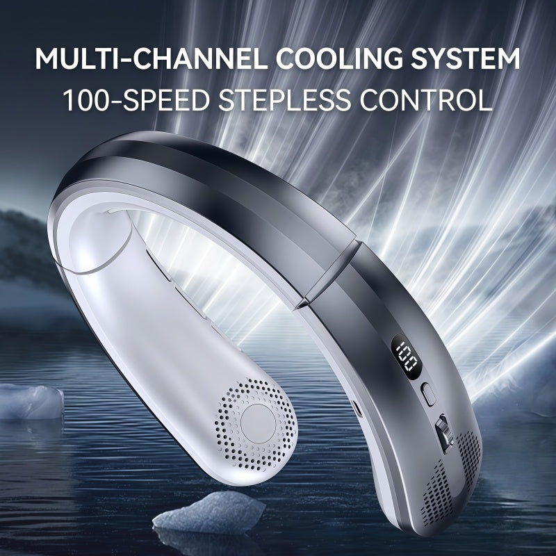 Portable Wearable Neck Fan with Ceramic Cooling Pad, 5000mAh Battery, 100-Speed Stepless Control, Bladeless Design