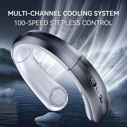 Portable Wearable Neck Fan with Ceramic Cooling Pad, 5000mAh Battery, 100-Speed Stepless Control, Bladeless Design