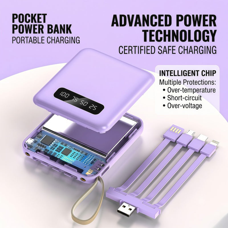 10,000mAh Ultra-Compact Portable Power Bank with 4-in-1 Built-in Cables & Dual LED Flashlight