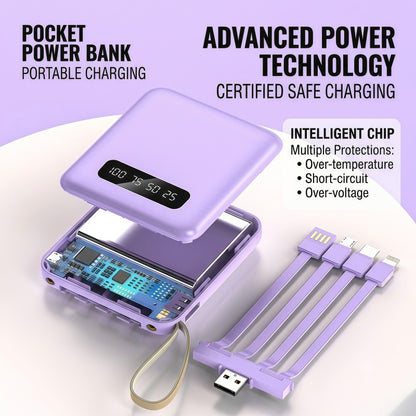 10,000mAh Ultra-Compact Portable Power Bank with 4-in-1 Built-in Cables & Dual LED Flashlight