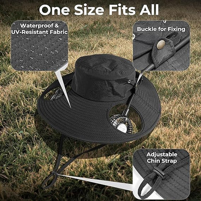 2-in-1 Wide Brim Solar Fan Sun Hat - UPF 50+ Waterproof Outdoor Cooling Neck Fan Hat for Hiking, Fishing & Camping