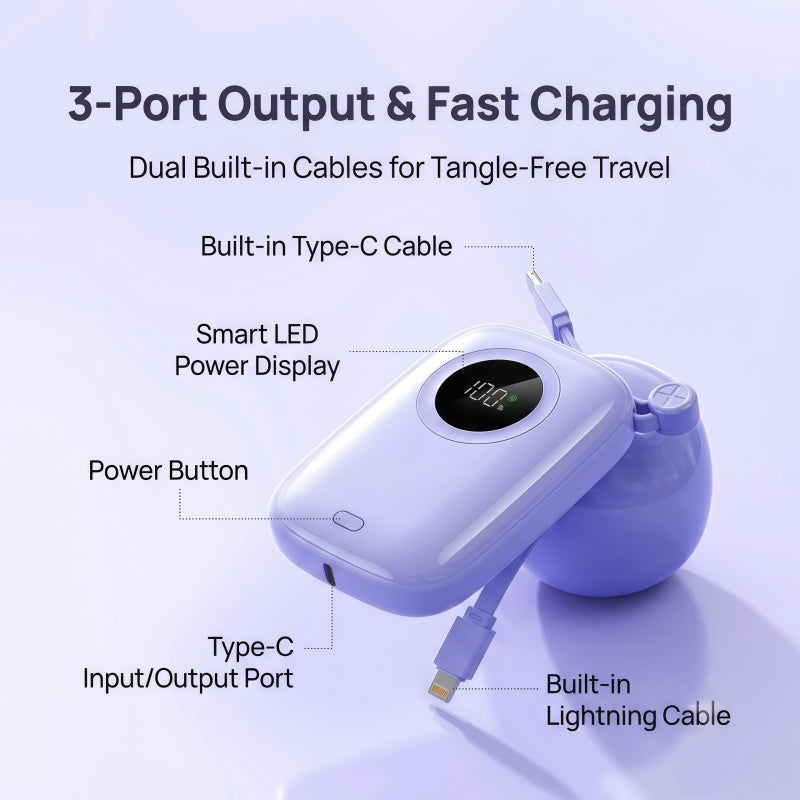 PD 20W Mini Portable Power Bank with Built-in Cable, LED Display & 3-Device Simultaneous Fast Charging
