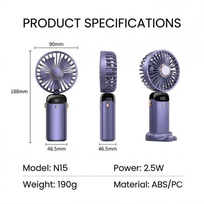 Portable Handheld Fan – 10000mAh USB-C Rechargeable Mini Fan with Smart LED Display, 5 Speeds, 90° Foldable Neck & Aroma Diffuser