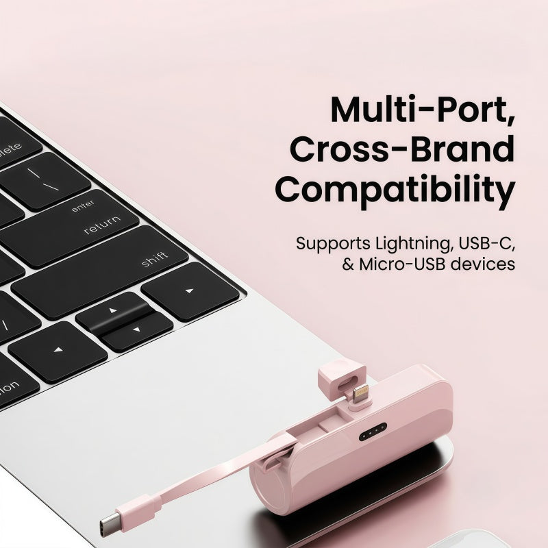 Mini Portable Power Bank – Direct-Plug Ultra-Compact Charger with Built-In Cables (USB-C & Lightning Compatible)