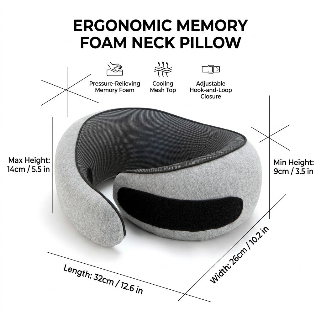Ergonomic High-Density Memory Foam Travel Neck Pillow with 360° Support, Breathable Mesh & Travel Pouch
