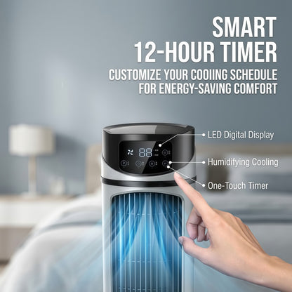 3-in-1 Portable Evaporative Air Cooler & Humidifier – Desk Tower Fan with LED Touch Screen, 6 Speeds & 12H Timer