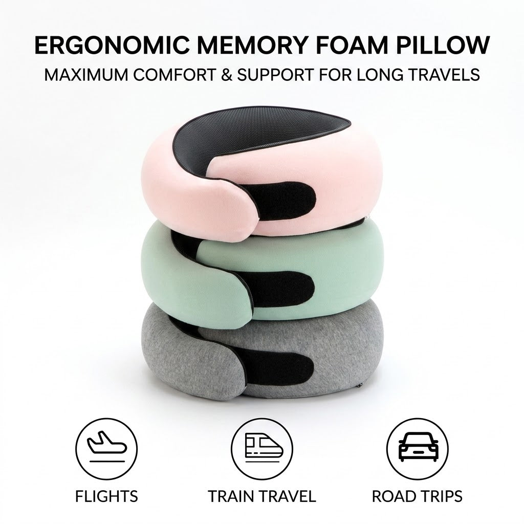 Ergonomic High-Density Memory Foam Travel Neck Pillow with 360° Support, Breathable Mesh & Travel Pouch