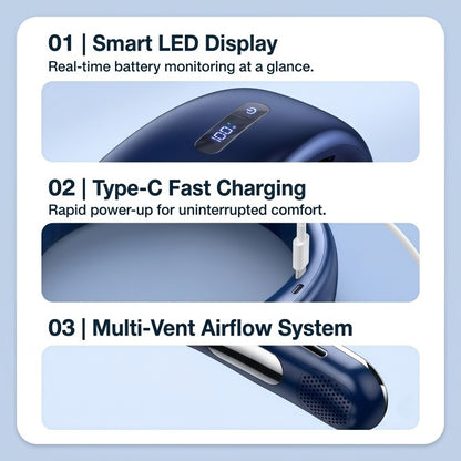 Portable Bladeless Neck Fan – 360° Cooling, 5-Speed Personal Wearable Fan with Smart LED Display & TEC Cooling Plate