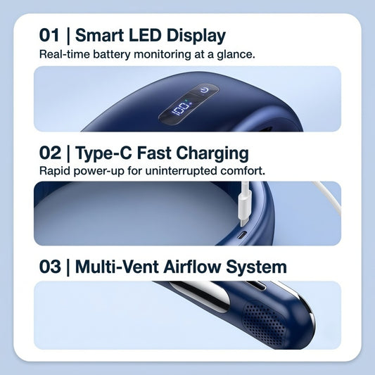Portable Bladeless Neck Fan – 360° Cooling, 5-Speed Personal Wearable Fan with Smart LED Display & TEC Cooling Plate
