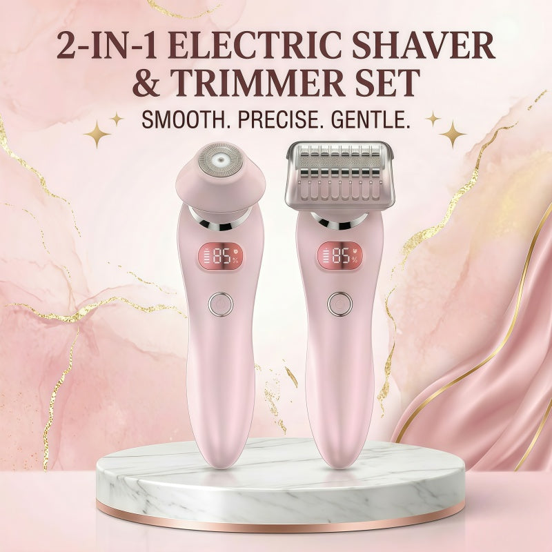 Women's 2-in-1 Electric Shaver & Trimmer Set, IPX7 Waterproof, LED Display, USB Rechargeable