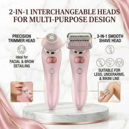 Women's 2-in-1 Electric Shaver & Trimmer Set, IPX7 Waterproof, LED Display, USB Rechargeable
