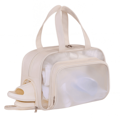 Water-Resistant Clear Travel Tote Bag with Shoe Compartment - PU Leather Gym Duffel with Wet/Dry Pocket
