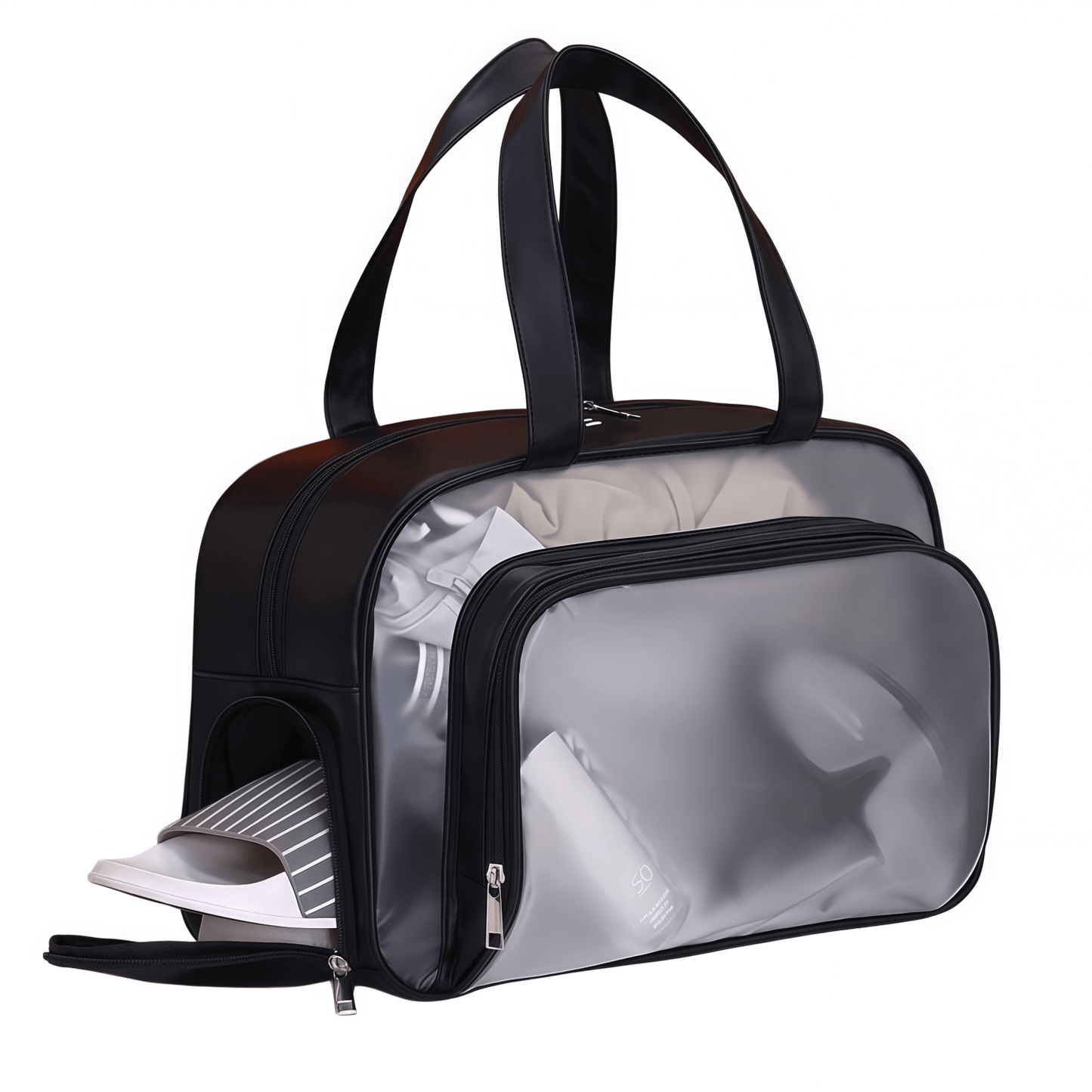 Water-Resistant Clear Travel Tote Bag with Shoe Compartment - PU Leather Gym Duffel with Wet/Dry Pocket