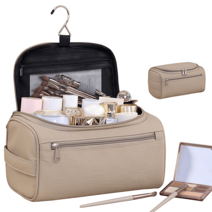 Vegan Leather Hanging Toiletry Bag - Water-Resistant Travel Cosmetic Organizer Case