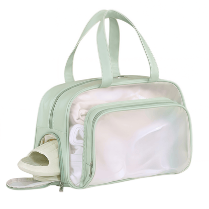 Water-Resistant Clear Travel Tote Bag with Shoe Compartment - PU Leather Gym Duffel with Wet/Dry Pocket