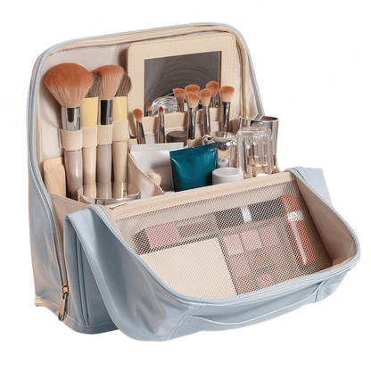Large Travel Makeup Case Organizer with Built-in Mirror, Dual-Compartment PU Leather Cosmetic Bag with Brush Holders - Blue