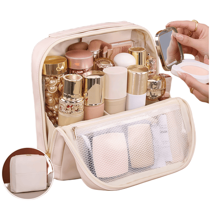 Premium Leather Travel Cosmetic Case with Magnetic Closure and Trolley Sleeve - Multi-Compartment Organizer