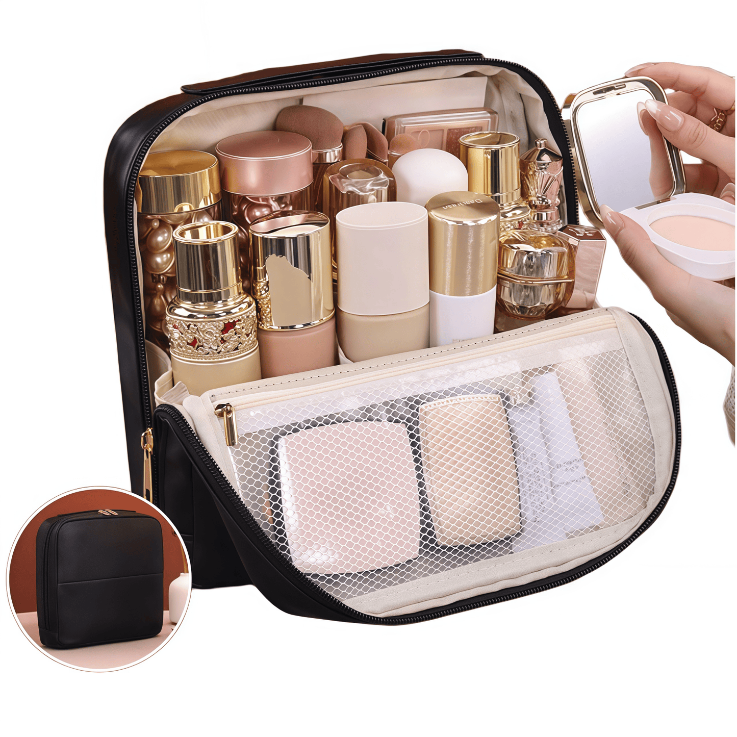 Premium Leather Travel Cosmetic Case with Magnetic Closure and Trolley Sleeve - Multi-Compartment Organizer