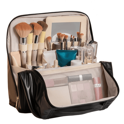 Large Travel Makeup Case Organizer with Built-in Mirror, Dual-Compartment PU Leather Cosmetic Bag with Brush Holders - Blue