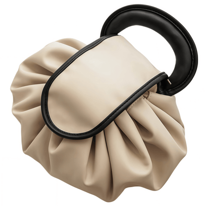 Vegan Leather Drawstring Makeup Bag - Lay-Flat Travel Cosmetic Organizer Pouch, Khaki