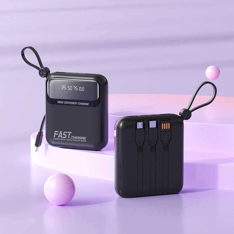 10000mAh Portable Power Bank with Built-in 4 Cables & Lanyard - Fast Charging Travel Battery Pack for iPhone, USB-C & Android