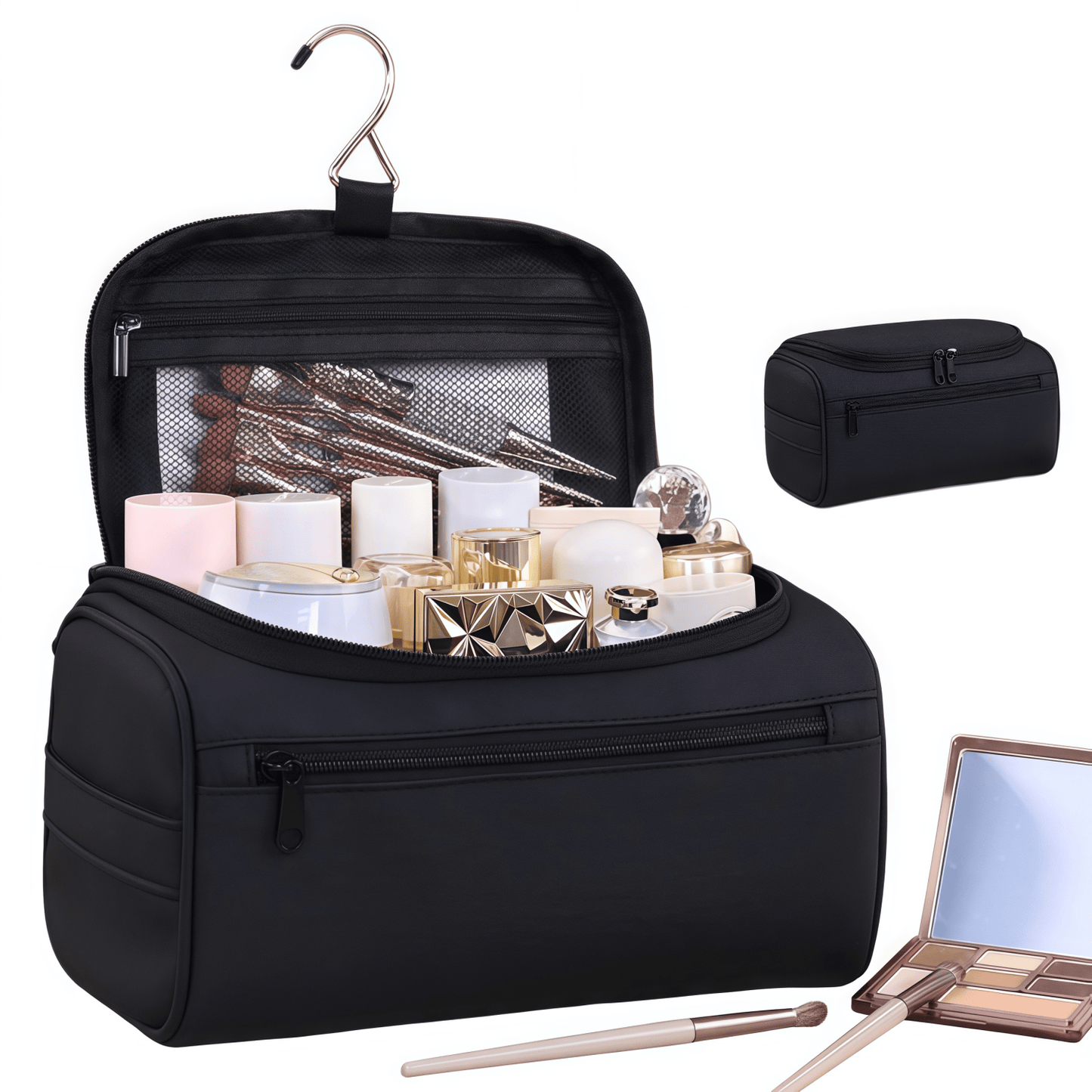 Vegan Leather Hanging Toiletry Bag - Water-Resistant Travel Cosmetic Organizer Case