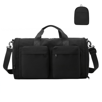 Foldable Travel Duffel Bag with Shoe Compartment & Wet Pocket, Water-Resistant Nylon Weekender Gym Bag
