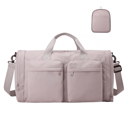 Foldable Travel Duffel Bag with Shoe Compartment & Wet Pocket, Water-Resistant Nylon Weekender Gym Bag