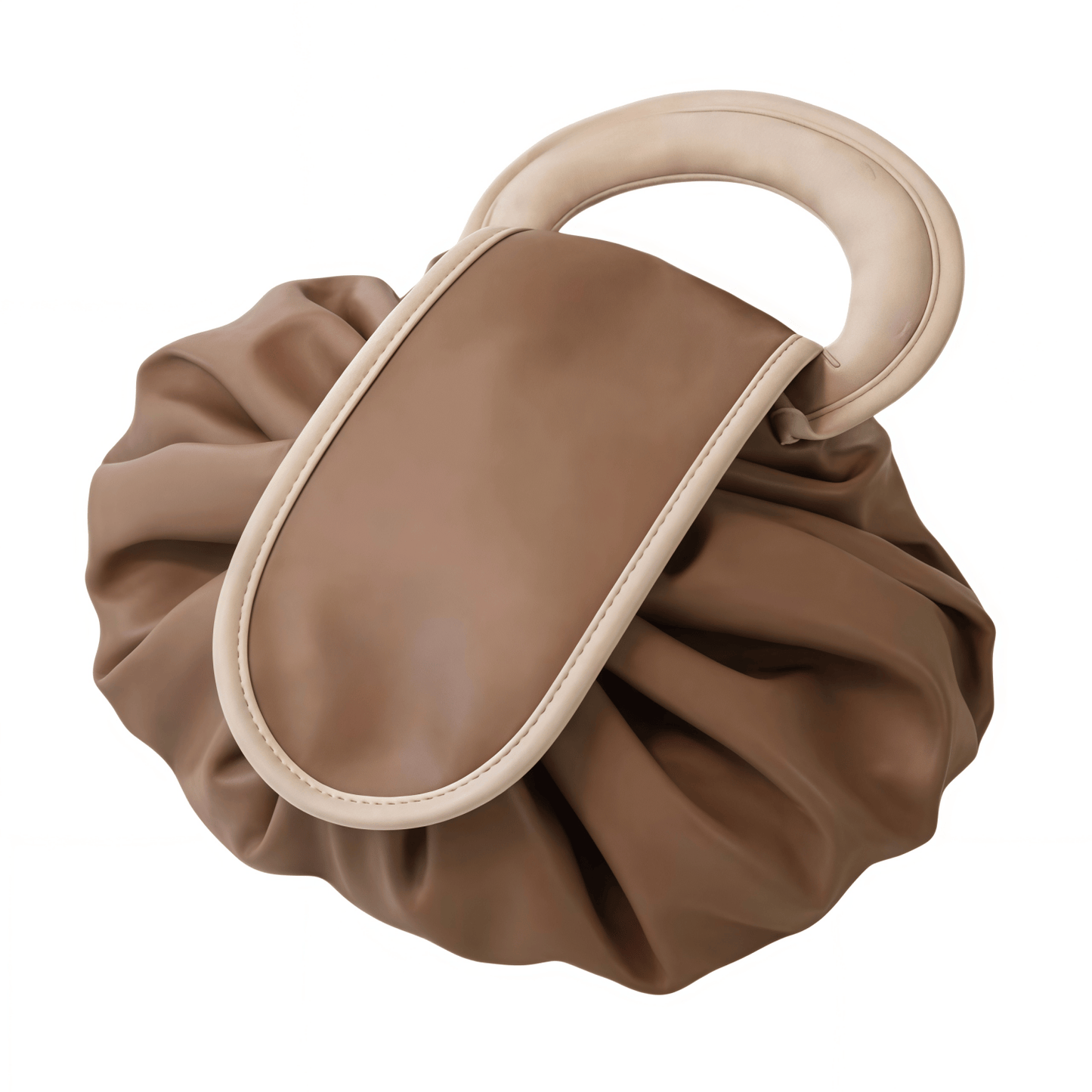 Vegan Leather Drawstring Makeup Bag - Lay-Flat Travel Cosmetic Organizer Pouch, Khaki