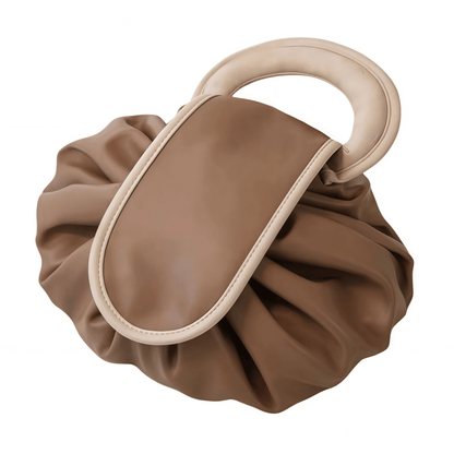 Vegan Leather Drawstring Makeup Bag - Lay-Flat Travel Cosmetic Organizer Pouch, Khaki