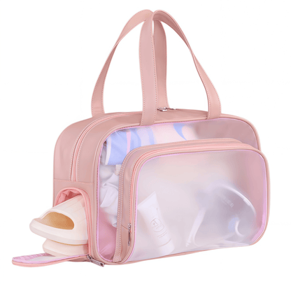 Water-Resistant Clear Travel Tote Bag with Shoe Compartment - PU Leather Gym Duffel with Wet/Dry Pocket