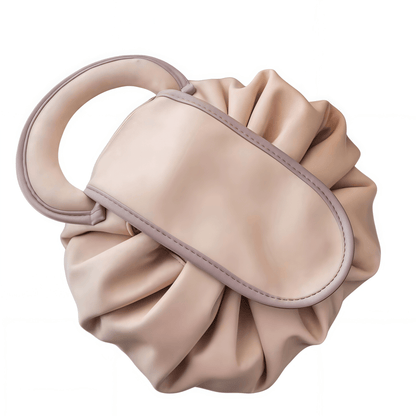 Vegan Leather Drawstring Makeup Bag - Lay-Flat Travel Cosmetic Organizer Pouch, Khaki