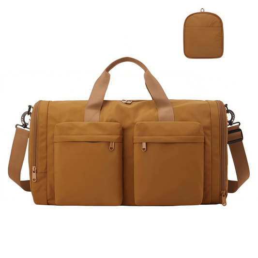 Foldable Travel Duffel Bag with Shoe Compartment & Wet Pocket, Water-Resistant Nylon Weekender Gym Bag - Brown