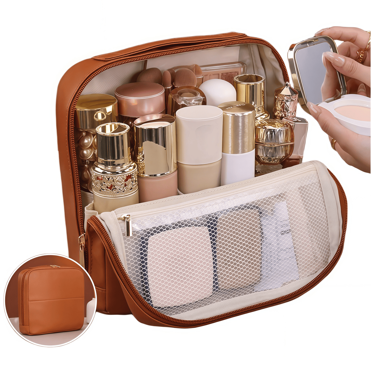 Premium Leather Travel Cosmetic Case with Magnetic Closure and Trolley Sleeve - Multi-Compartment Organizer