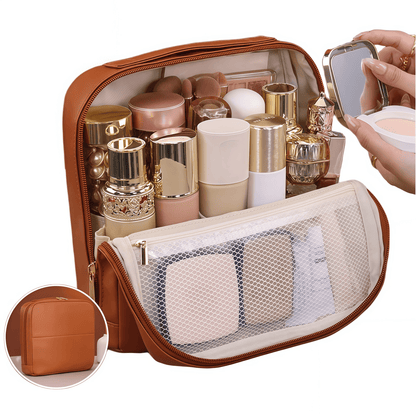 Premium Leather Travel Cosmetic Case with Magnetic Closure and Trolley Sleeve - Multi-Compartment Organizer