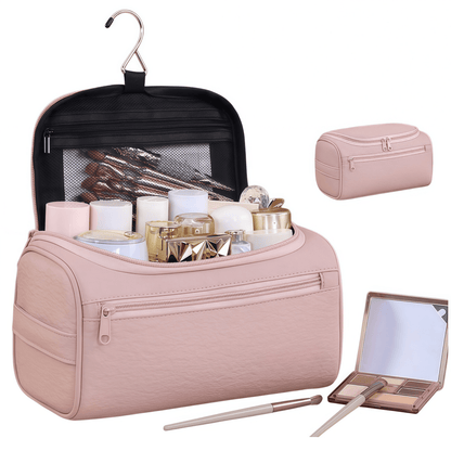 Vegan Leather Hanging Toiletry Bag - Water-Resistant Travel Cosmetic Organizer Case