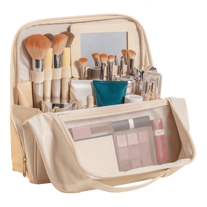 Large Travel Makeup Case Organizer with Built-in Mirror, Dual-Compartment PU Leather Cosmetic Bag with Brush Holders - Blue