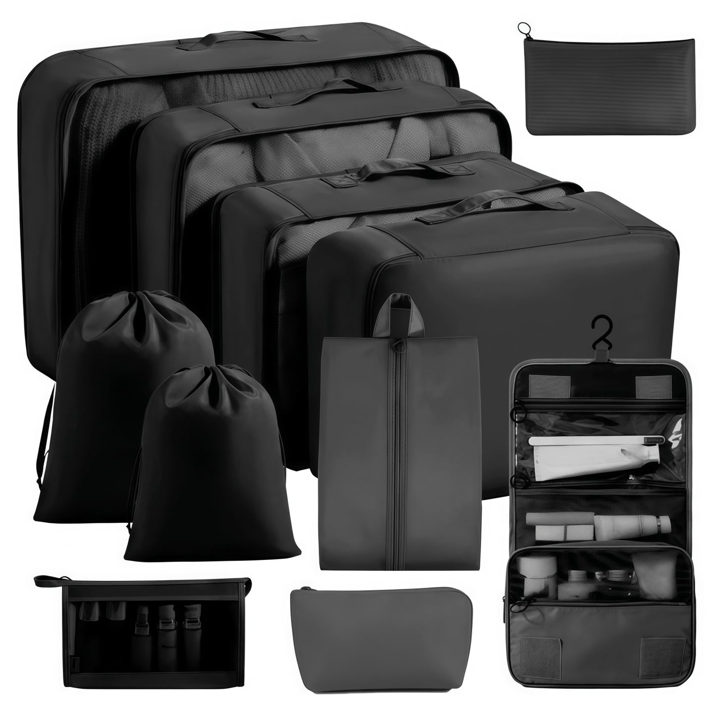 Water-Resistant Travel Packing Cubes Set - Luggage Organizers with Hanging Toiletry Bag & Shoe Pouches