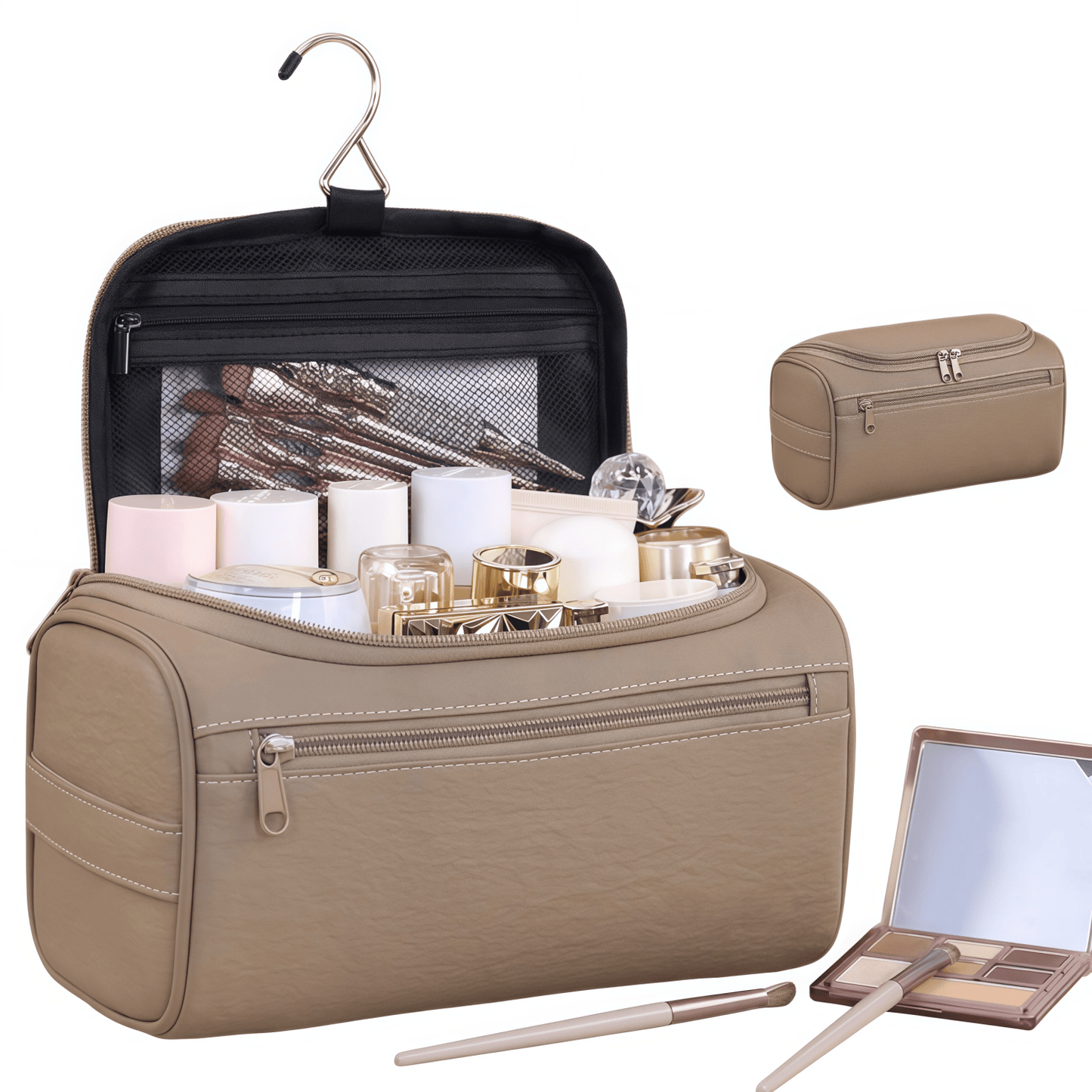 Vegan Leather Hanging Toiletry Bag - Water-Resistant Travel Cosmetic Organizer Case