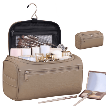 Vegan Leather Hanging Toiletry Bag - Water-Resistant Travel Cosmetic Organizer Case