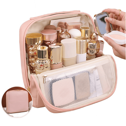 Premium Leather Travel Cosmetic Case with Magnetic Closure and Trolley Sleeve - Multi-Compartment Organizer