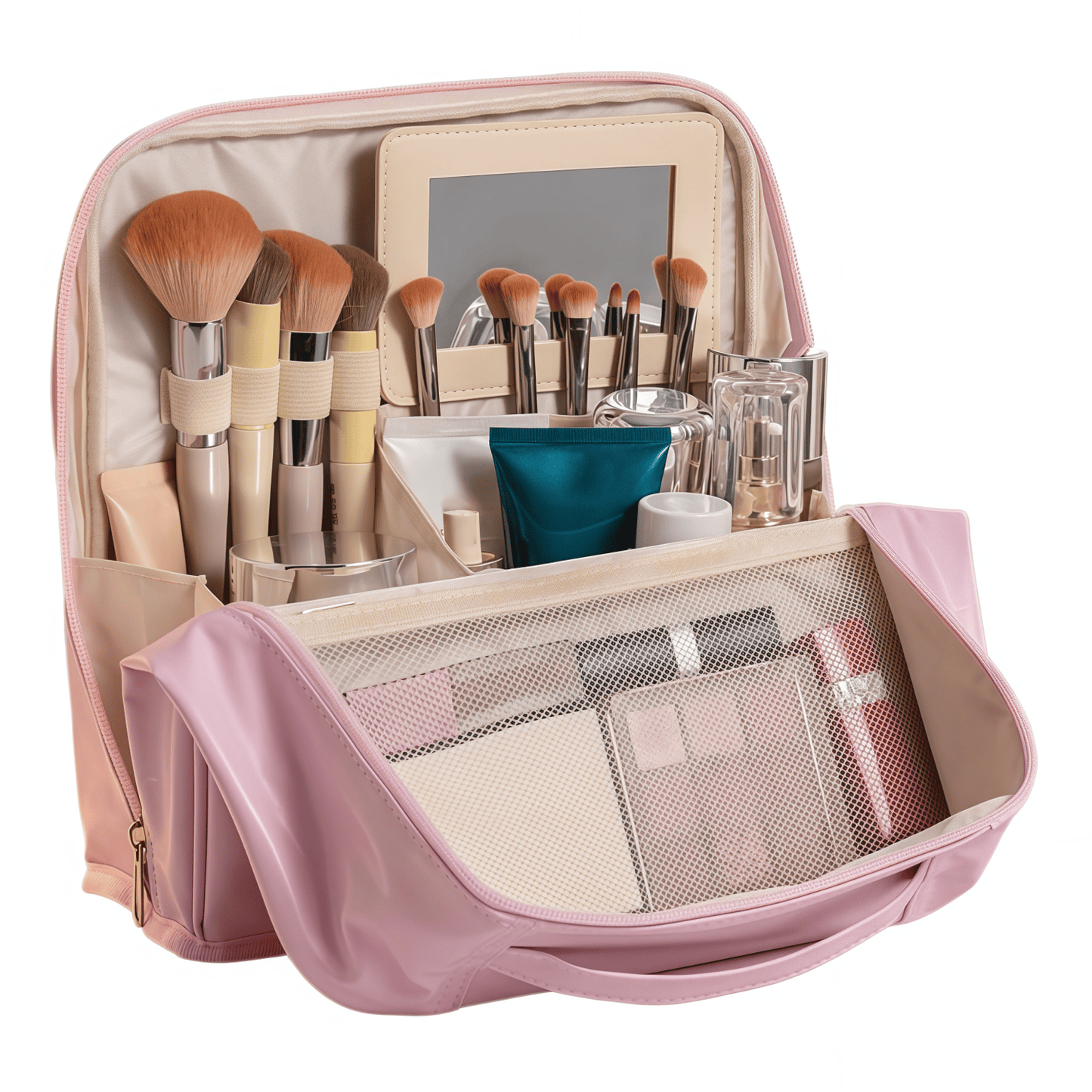 Large Travel Makeup Case Organizer with Built-in Mirror, Dual-Compartment PU Leather Cosmetic Bag with Brush Holders - Blue