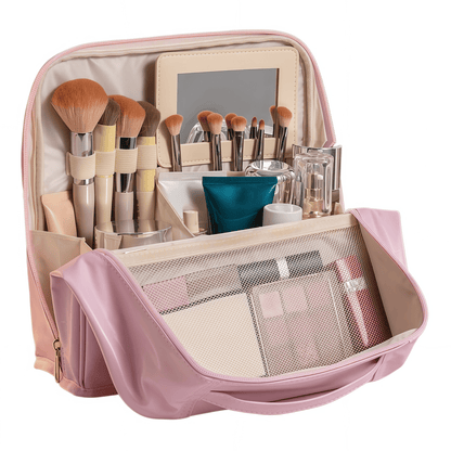 Large Travel Makeup Case Organizer with Built-in Mirror, Dual-Compartment PU Leather Cosmetic Bag with Brush Holders - Blue