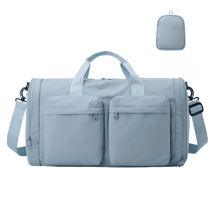 Foldable Travel Duffel Bag with Shoe Compartment & Wet Pocket, Water-Resistant Nylon Weekender Gym Bag