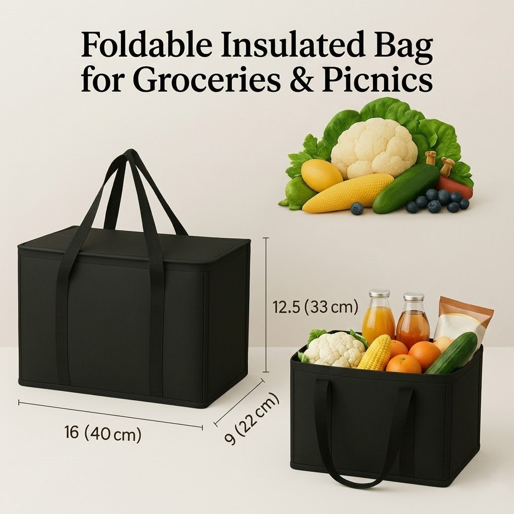 Heavy Duty Reusable Insulated Grocery Bag - Thermal Food Delivery Cooler Bag, Black