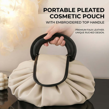 Vegan Leather Drawstring Makeup Bag - Lay-Flat Travel Cosmetic Organizer Pouch, Khaki