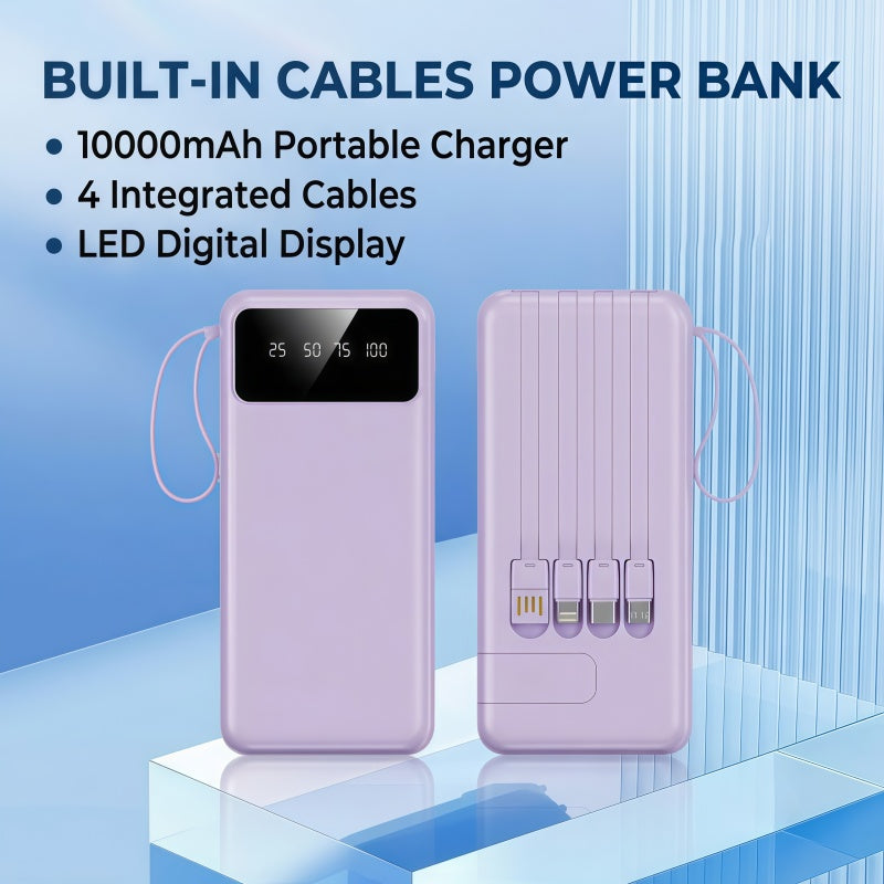 Portable Power Bank 10000mAh with Built-in Cables – 27W PD Fast Charging Travel Battery Pack with Digital LED Display